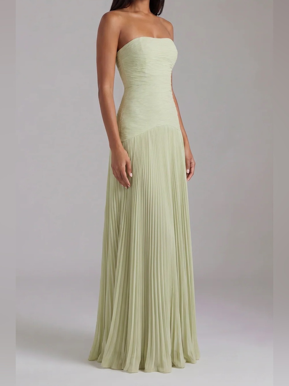 Strapless Drop Waist Pleated Maxi Dress in Sage Green